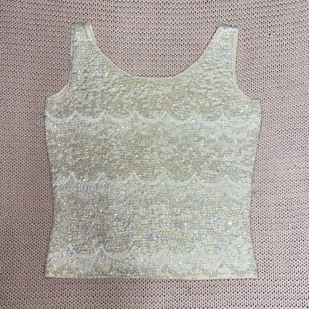 ✰ vintage 60s beaded sequin fringed mod sleeveless wool top made in hong kong ✰